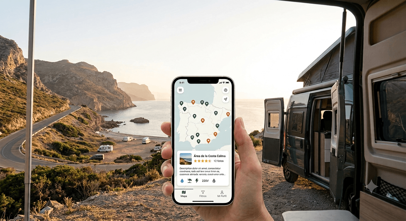 La app de Ruta Campista mostrando un punto de pernocta en la costa, con una autocaravana al fondo